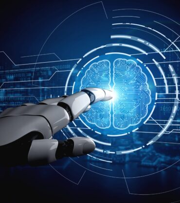 Artificial intelligence AI research of robot and cyborg development for future of people living. Digital data mining and machine learning technology design for computer brain communication.